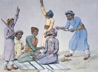 Un groupe de Thugs se préparant à étrangler une victime (lithographie en couleur) - Unbekannter Künstler