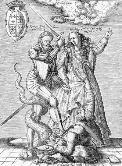 Allégorie de la mort de la Ligue catholique représentée comme un moine avec un corps de serpent tué par le roi de France Henri IV et la France. Fin du 19ème siècle (gravure de "Musée-Criminel" par Henri Varennes et Edgar Troimaux) - Unbekannter Künstler