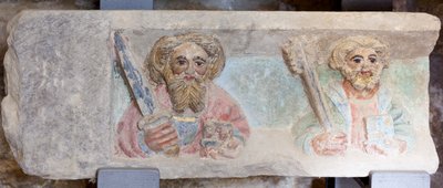 Retable. pierre polychrome. Seconde moitié du XIVe siècle. Origine ancienne église paroissiale de Torre de Rialb. Détail. Registre inférieur. Panneau gauche. Les évangélistes Paul Pierre. - Unbekannt