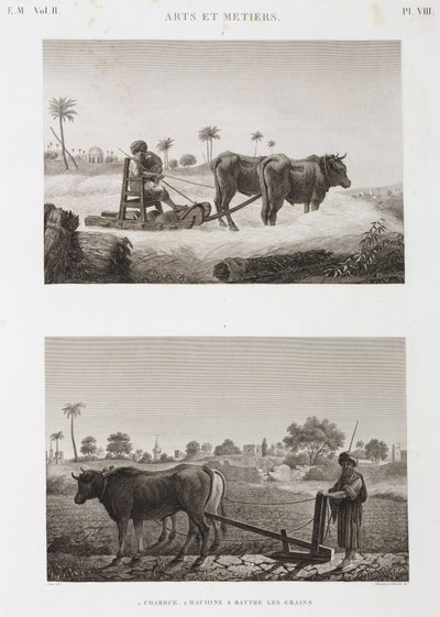Agriculture arable, machine à battre et charrue, Égypte, vers 1798 - Unbekannt