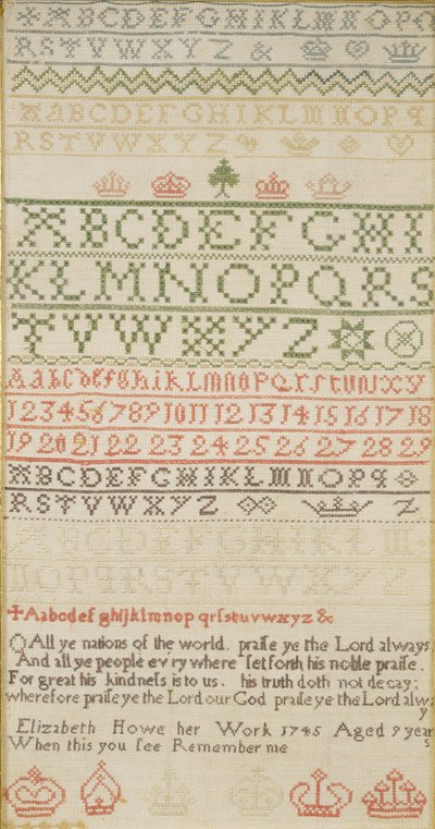 Échantillon de bande avec alphabet, chiffres et un verset, réalisé par Elizabeth Howe - Unbekannt