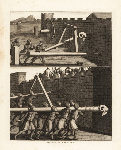 Bélier et deux types de forets pour percer les murs en haut, et deux béliers en bas, l