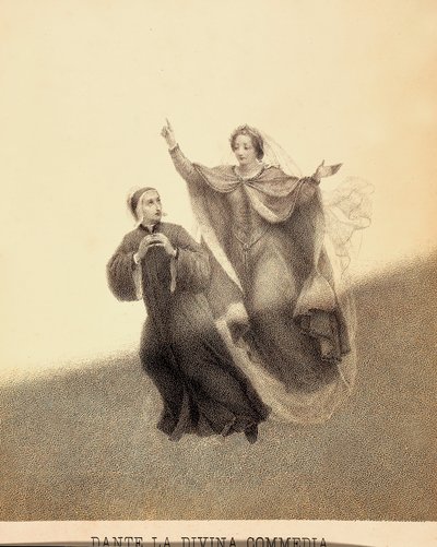 Béatrice, pointant vers le haut avec son index, conduit Dante à travers le firmament du Paradis. Leurs corps sont illuminés par un rayon de lumière. Illustration du Chant I du Paradis de La Divine Comédie de Dante Alighieri. Œuvre de Francesco Scaramuzza d - Unbekannter Künstler