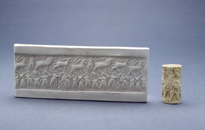 Sceau cylindrique, montré avec impression en plâtre, Mésopotamien, Sumérien (Dynastie archaïque III), c.2500 av. J.-C. (pierre) - Unbekannt