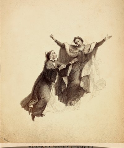 Dante, les bras ouverts, conduit en vol par Béatrice à travers le firmament du Paradis. Illustration du Chant I du Paradis de La Divine Comédie de Dante Alighieri. Œuvre de Francesco Scaramuzza dédiée à la Municipalité de Florence. - Unbekannter Künstler