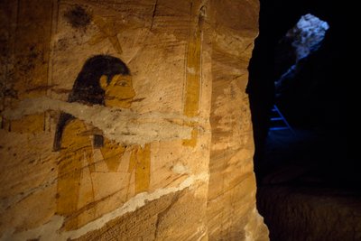 Détail des peintures murales trouvées lors des fouilles dans la Tombe du Gouverneur, Vallée des Momies Dorées, Oasis de Bahariya, Gizeh, Égypte - Benjamin Baud