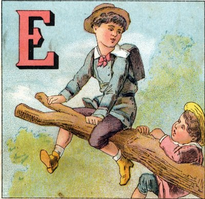 Lettres E : garçon en équilibre sur une branche d