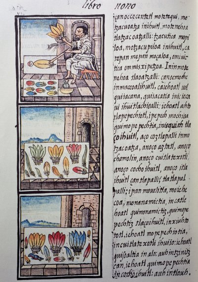 Traitement des plumes après la conquête espagnole, page du Codex Florentin - William M. Timlin