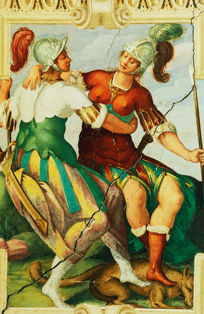 Figures féminines portant des casques, détail de la fresque du Château de Manta (15ème siècle), Saluzzo, Piémont, Italie - Benjamin Baud