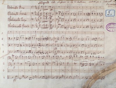 Première page de la partition pour quatre violoncelles de la Symphonie n° 7 en la majeur, op. 92, de Ludwig van Beethoven - Unbekannter Künstler
