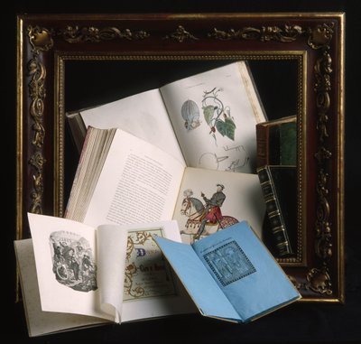 Cadre en bois laqué couleur bordeaux et décorations avec motifs en relief dorés, fin du XIXe siècle. Divers livres ouverts : atlas anatomique avec planches coloriées à la main - Unbekannt