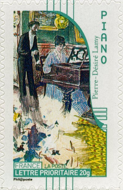 Timbre-poste français représentant une pianiste, d