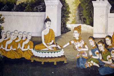 Fresque représentant une scène de la vie du Bouddha dans Wat Phra Doi Suthep, Chiang Mai. Bouddha recevant des aumônes. Thaïlande - Unbekannt