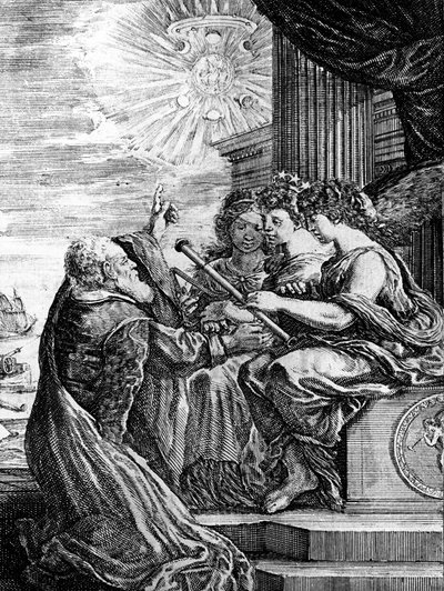 Galilée présentant son télescope aux Muses et indiquant un système héliocentrique de l