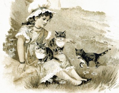 Fille revenant avec des chats sur les genoux. Carte postale vers 1900. Chromolithographie - Unbekannt