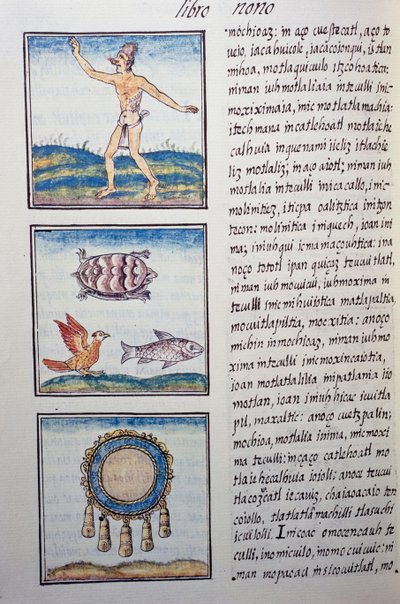 Orfèvre, page du Codex florentin, version bilingue en espagnol et nahuatl, Histoire générale des choses de la Nouvelle-Espagne, par le missionnaire espagnol Fray Bernardino de Sahagun. Civilisation aztèque - William M. Timlin