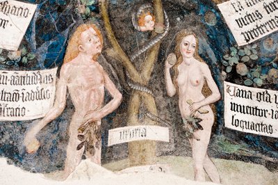 Fresque gothique; Adam et Ève péchant; avec le serpent; 8e cloître; Cathédrale; Brixen; Tyrol du Sud; Italie; Europe - Unbekannt