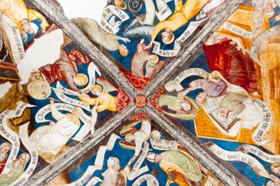 Fresque gothique; louange de la vertu; censure du vice; avec écriture; 10e cloître; Cathédrale; Brixen; Tyrol du Sud; Italie; Europe - Unbekannt