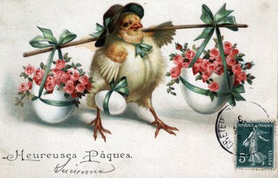 Carte de vœux de Pâques : un poussin portant des œufs remplis de roses - Carte postale datée de 1908 - Unbekannt