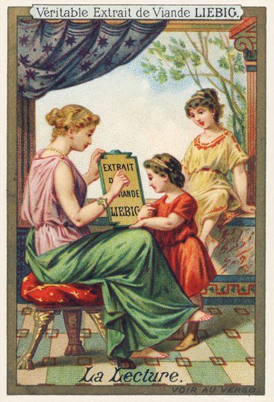 La lecture. Une jeune femme assise montre un panneau publicitaire Liebig à deux fillettes debout devant elle. Chromolithographie publicitaire, Liebig
