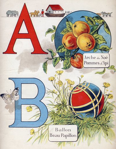Lettres A et B : Arche de Noé, Pomme Apy, Ballon et beau papillon. Gravure dans "ABC L