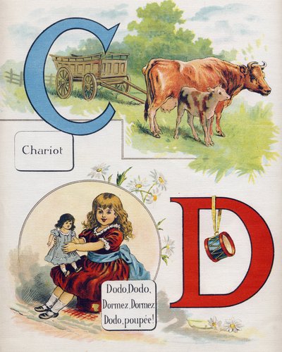 Lettre C et D: Chariot et Poupée endormie. Gravure dans "ABC L