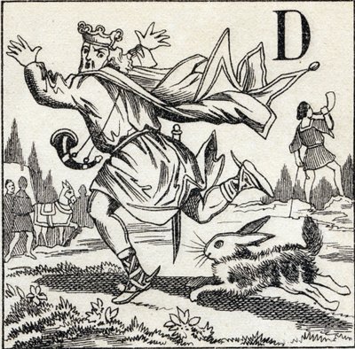 Lettre D : Roi Dagobert poursuivi par un lièvre. Gravure dans "ABC Les Images en Alphabet". Imagerie d