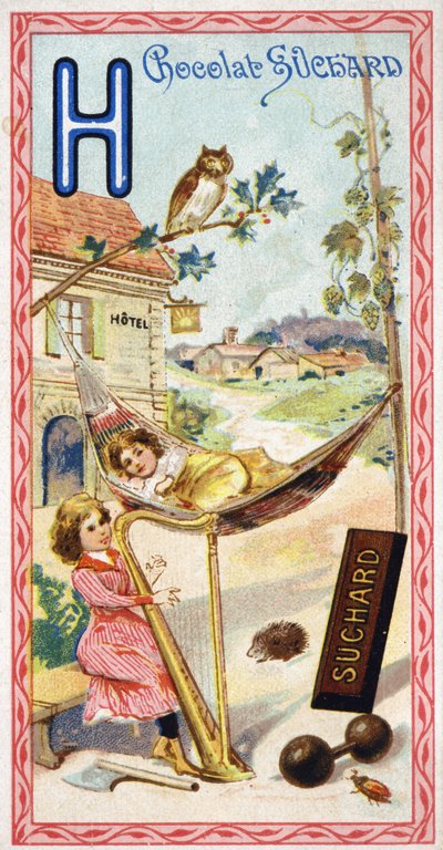 Lettre H : hôtel, hibou, hamac, harpe, hache, hérisson, houblon, haltères, hameau. Gravure de l