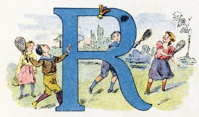 Lettre R : raquette volante. Alphabet de Phosphatine Falières. Gravure. Alphabet breveté S.G.D.G. par le pharmacien Pierre Émile Falières. Illustrations en chromolithographie, fin du 19e siècle. 16 pages - Unbekannt