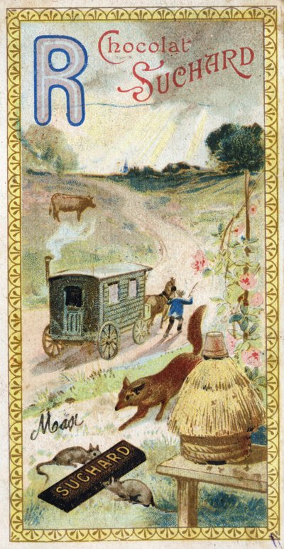 Lettre R : rayons, ruminant, roulotte, ruche, renard, rats, rose. Gravure de l