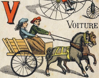 Lettre V pour voiture. Gravure dans « ABC Toys ». Imagerie d