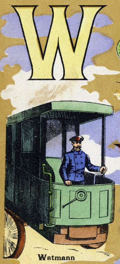 Lettre W comme Watmann avec un conducteur de train. Alphabet illustré. Imageries réunies à Jarville-Nancy, début du 20ème siècle. Dim: 40 x 29 cm - Unbekannt