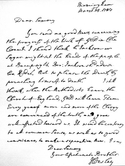 Lettre de John Wesley à Samuel Bradburn, exprimant son opinion forte que les méthodistes ne devraient pas quitter l