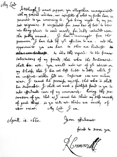 Lettre de Richard Cromwell à George Monck, rapportant que ses 
