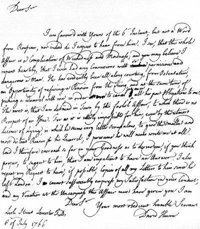 Lettre écrite par David Hume à Richard Davenport faisant référence aux grandes difficultés de sa relation avec Jean-Jacques Rousseau, au refus de Rousseau d