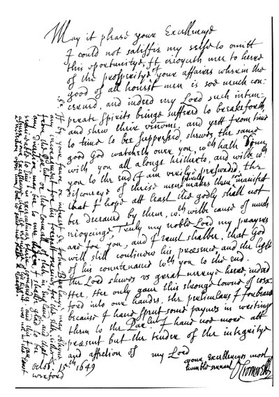 Lettre écrite par Oliver Cromwell à Lord Fairfax pour le féliciter de sa prospérité et annoncer la capture de Wexford, Irlande - Unbekannt