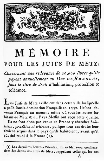 Manifeste en soutien aux Juifs de Metz soutenant la suppression de la taxe payable par les Juifs au duc de Brancas, vers 1790 (papier imprimé) - Unbekannt