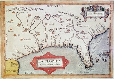Cartographie de la Floride. On peut voir le Tropique du Cancer, les Bahamas et les îles Tortugas. Dans Teatrum Orbis Terrarum par le cartographe Abraham Ortelius - Unbekannter Künstler