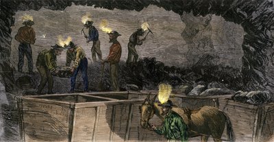 Mineurs creusant la mine et chargeant le charbon dans de petits wagons tirés par des mules en Pennsylvanie. Gravure colorée de 1860. - Unbekannter Künstler