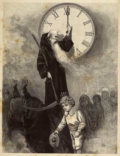 Allégorie du Nouvel An 1889 représentant une vieille voûtée, symbolisant l