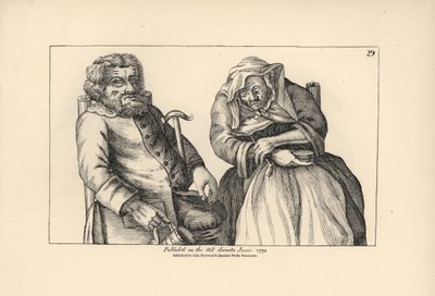 Vieux Darby avec une chope vide et Joan avec sa pipe à tabac. Gravure sur cuivre d