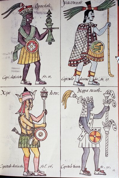 Opochtli, Xipe Totec, Yacatecuhtli et Nappatecutli, Page du Codex florentin, Version en espagnol et nahuatl, Histoire générale des choses de la Nouvelle-Espagne (Historia general de las cosas de Nueva Espana), Aztèque - Benjamin Baud