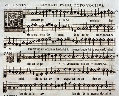 Page de partition musicale du psaume Laudate pueri à 8 voix par Tomás Luis de Victoria - Unbekannter Künstler