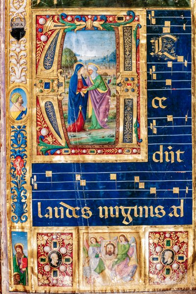 Bibliothèque Piccolomini : livre de chœur, cod. 14.P., ff. 2r avec « La Visitation de Marie et Sainte Élisabeth » (détail) - Unbekannter Künstler