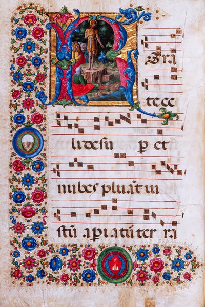 Bibliothèque Piccolomini : livre de chœur, cod. 18.3, ff. 45v avec "Prédication de Saint Jean-Baptiste" - Unbekannter Künstler