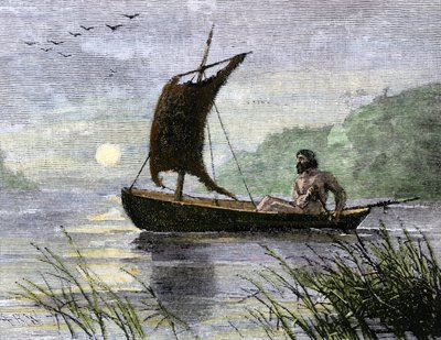 Navigation préhistorique, canoë à rames avec voile en peau d