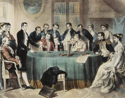 Présentation en 1801 des expériences sur la pile électrique au Premier Consul Napoléon Bonaparte par Volta (gravure). - Unbekannter Künstler