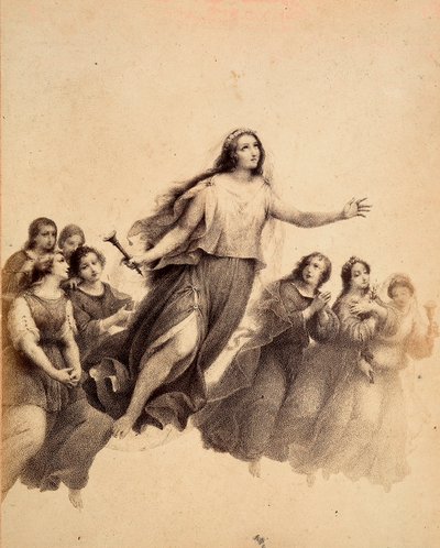 Sainte Lucie, une torche à la main, volant à travers le firmament de l