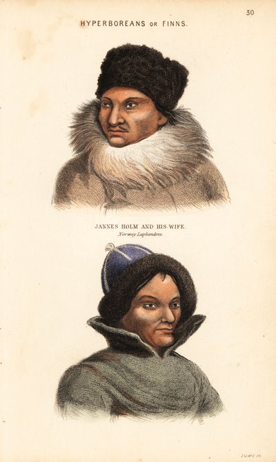 Peuple Sami ou Lapons. Jannes Holm en chapeau et col en fourrure, et sa femme en chapeau bordé de fourrure, Lapons de Norvège. Hyperboréens ou Finnois. Gravure à l
