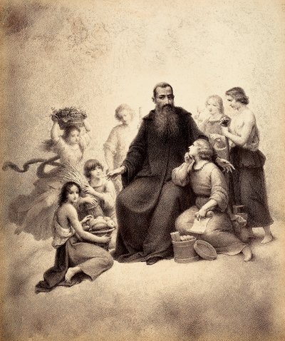 Saint Benoît en trône entouré de jeunes avec des gerbes de blé et des paniers de fruits. Illustration du Chant XXXII du Paradiso de La Divine Comédie de Dante Alighieri. Œuvre de Francesco Scaramuzza dédiée à la Municipalité de Florence - Unbekannter Künstler